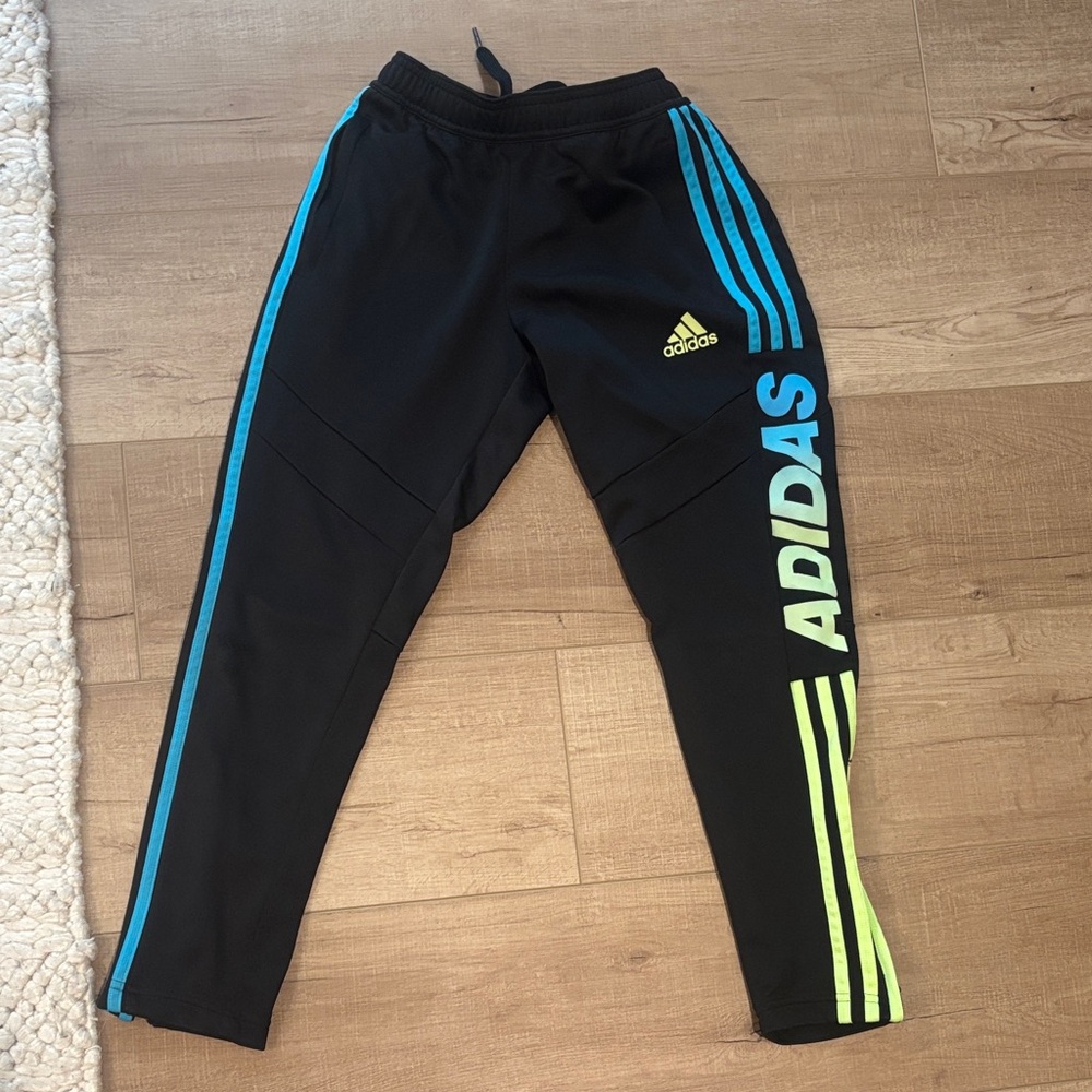 Adidas Kids Black Joggers with Blue and Green Accents